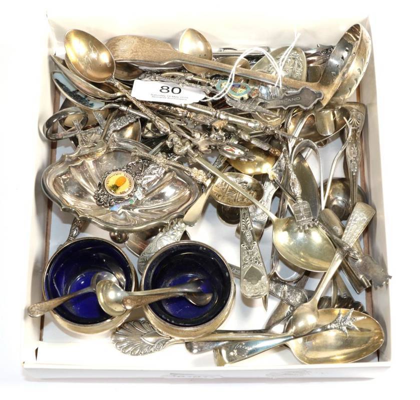 Lot 80 - A quantity of assorted silver including sugar tongs and nips; salts and assorted plated and...