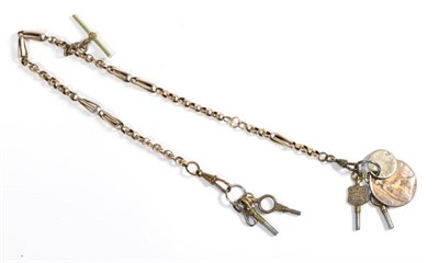 Lot 83 - A 9 carat gold double Albert with fancy links and later base metal clips and T-bar with keys