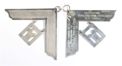 Lot 95 - Two silver masonic jewels, with presentation inscriptions ofr 1929 and 1935; and a silver plate...