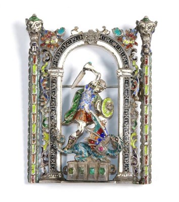 Lot 98 - A 19th century enamel brooch depicting Saint George and the Dragon (alterations)