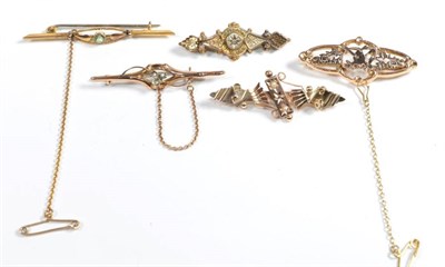 Lot 102 - Three Victorian bar brooches, two stamped '9CT' and the other indistinctly marked; and two...
