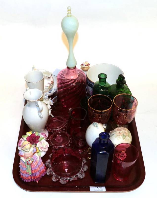 Lot 109 - A cranberry and vaseline glass bell; a quantity of cranberry glass; glass bottles; Herend china...
