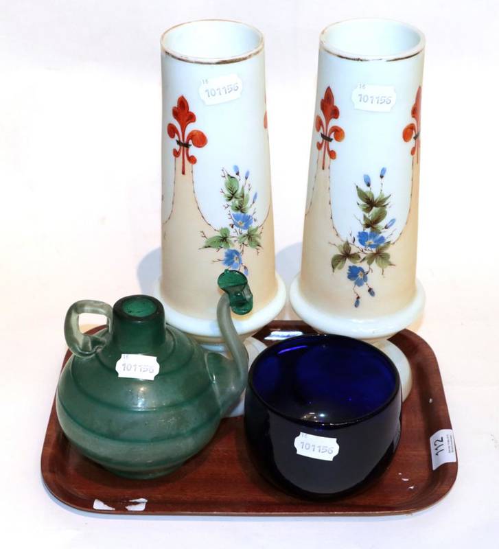 Lot 112 - A pair of Victorian painted opaque glass pedestal vases; a 19th century Venetian teapot (a.f.); and
