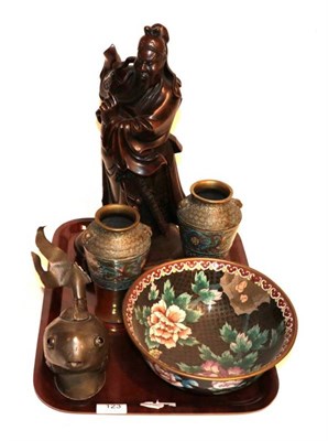 Lot 123 - A group of Oriental items comprising: a pair of cloisonne and brass twin-handled vases; a cloisonne