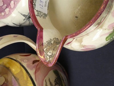 Lot 128 - Three various Sunderland pink lustre jugs, all of a maritime theme, two printed with Sailor's...