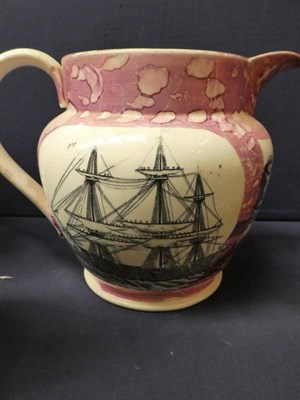 Lot 128 - Three various Sunderland pink lustre jugs, all of a maritime theme, two printed with Sailor's...