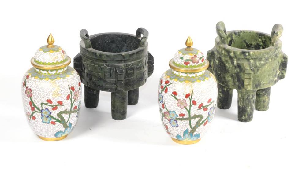 Lot 131 - Two Chinese jade type censers of archaic form; together with a pair of cloisonne vases and...
