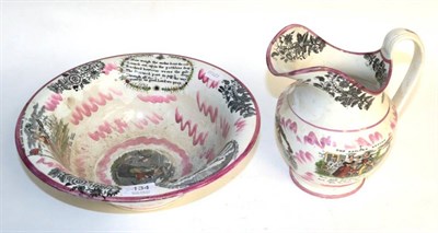Lot 134 - A Sunderland Pink lustre wash jug and bowl, printed with various vignettes including figures...