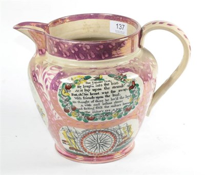 Lot 137 - A large Sunderland Pink lustre jug, printed with various vignettes including The Saliors Tear;...