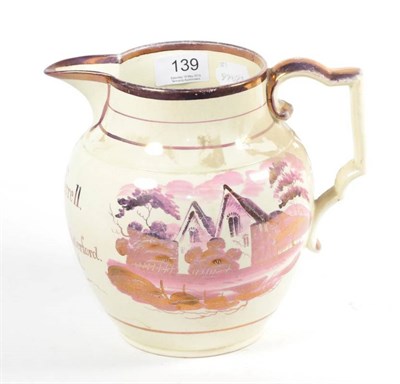 Lot 139 - A documentary pink lustre jug of Irish interest, inscribed ''Charles Ferrell 58 Regt, Born in...