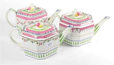 Lot 151 - Three similarly decorated early 19th Cenutry teapots, possibly by Thomas Harley, the covers...