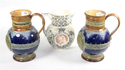 Lot 153 - A pair of Doulton Lambeth Queen Victoria 1897 Jubilee commemorative jugs; and a Powell, Bishop...