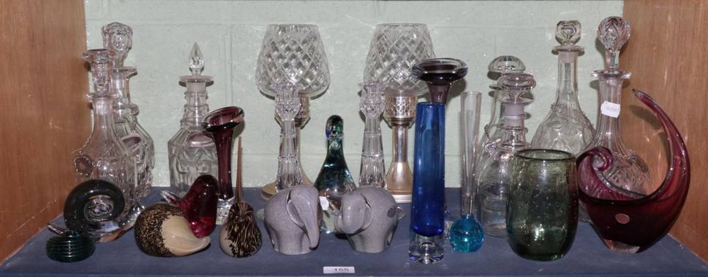 Lot 155 - Cut glass decanters; Wedgwood glass animals; Stuart candlesticks; 1960's glass etc