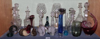 Lot 155 - Cut glass decanters; Wedgwood glass animals; Stuart candlesticks; 1960's glass etc