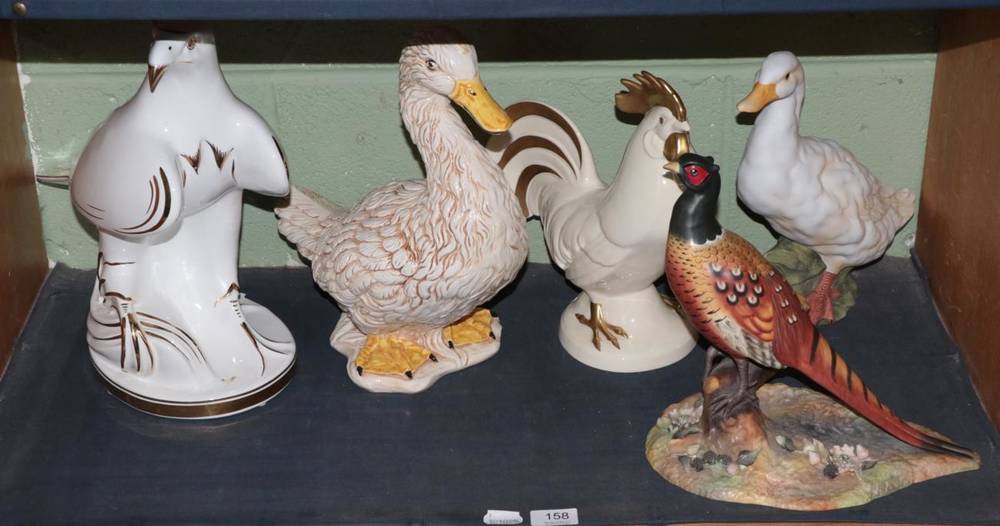 Lot 158 - Royal Crown Derby model of a pheasant; a Goebel model of a cockerel; and three other bird...