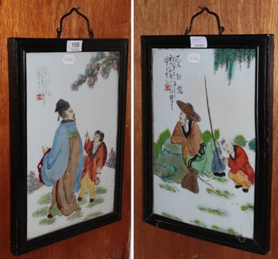 Lot 159 - Two 20th century Chinese porcelain panels each decorated with figures in landscapes