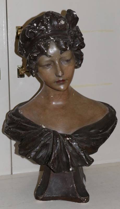 Lot 161 - Auguste Henri Carli (French, 1868 - 1930) A large belle epoque painted plaster bust of a young...