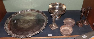 Lot 169 - Large silver plated tray stamped 'Mappin & Co'; pair of plated candlesticks; pair of bottle...