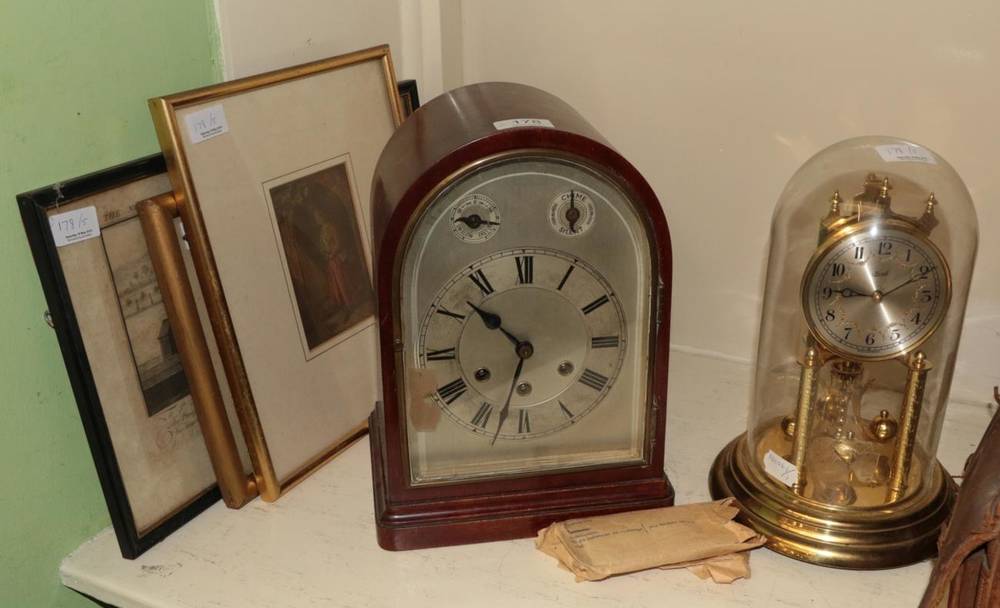 Lot 178 - A chiming mantel clock, movement marked GB; a German anniversary clock and three prints (5)