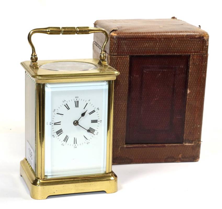 Lot 198 - A brass carriage timepiece, with case