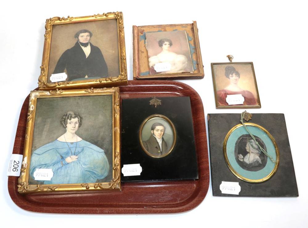 Lot 206 - A collection of 19th century English School portrait miniatures, comprising a pair, lady &...