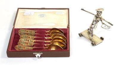 Lot 212 - A set of six Russian Soviet silver gilt and enamel tea spoons, in a fitted box, 4.4ozt; and a...