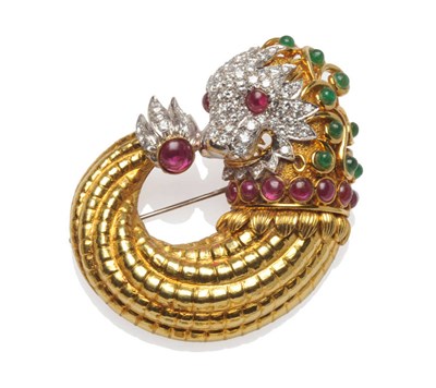 Lot 589 - A Chimera Brooch, set with cabochon rubies and emeralds and pavé set round brilliant cut diamonds