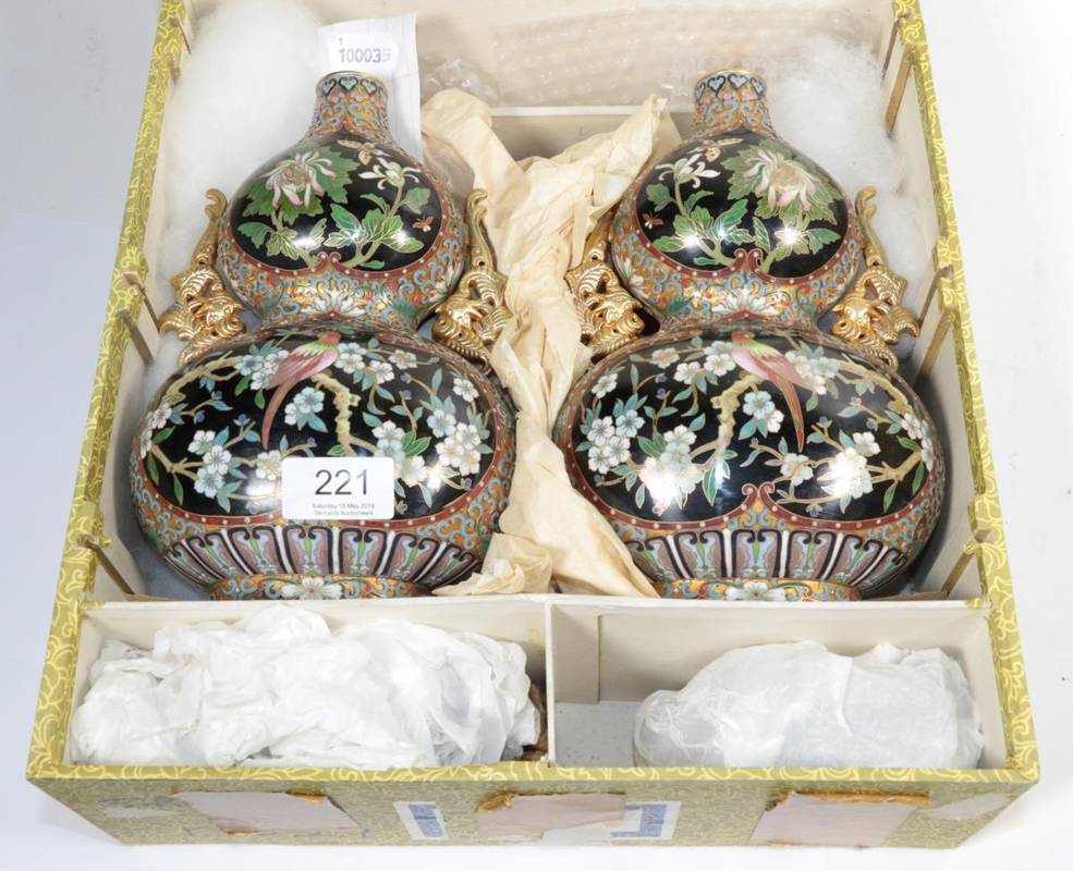 Lot 221 - A pair of 20th century Chinese export cloisonne, twin-handled double gourd form vases and...