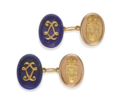 Lot 590 - A Pair of Cufflinks, by Cartier, chain linked oval panels, one in lapis lazuli, one said to...