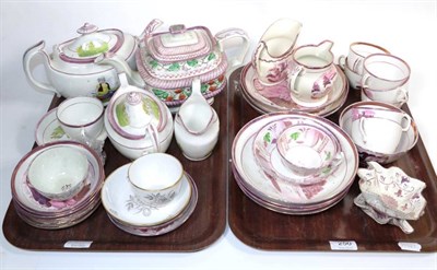 Lot 250 - A quantity of 19th century pink lustre tea wares, including a three piece tea service printed...