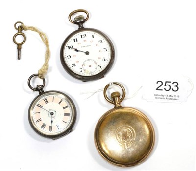 Lot 253 - A silver fob watch with enamel dial; a gilt metal pocket watch; and another pocket watch (3)