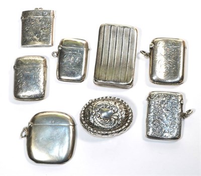 Lot 254 - Six various silver vesta cases, some with foliate engraving, together with two snuff boxes,...