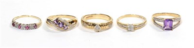 Lot 261 - Five 9 carat gold dress rings including amethyst and diamond set examples, of varying finger sizes
