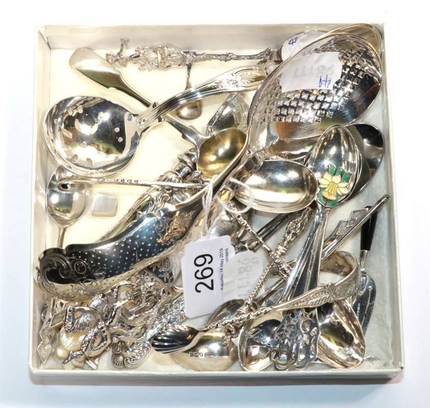 Lot 269 - Silver spoons and other flatware, to include; a Dutch table spoon with figural terminal; a...
