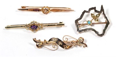 Lot 277 - Two 9 carat gold gem set bar brooches; a gem set bar brooch stamped '9CT'; and another brooch...