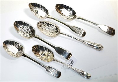 Lot 285 - Two pairs of later decorated silver fiddle pattern berry spoons; an 18th Century example, marks...