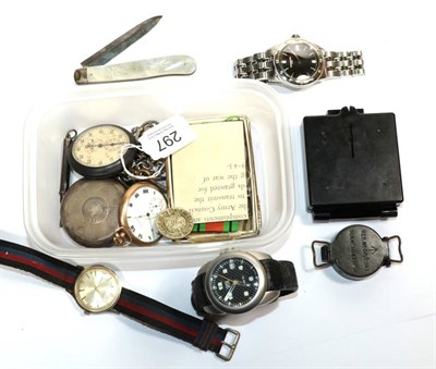 Lot 297 - A silver watch chain and fob; a silver pocket watch; two other pocket watches; an Ingersol...