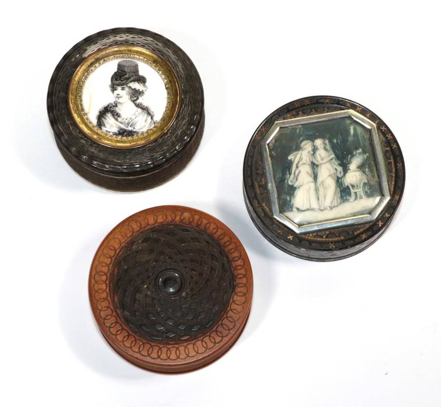 Lot 302 - Two Louis XVI tortoiseshell snuff boxes (one depicting figures in ivory and the other an enamel...