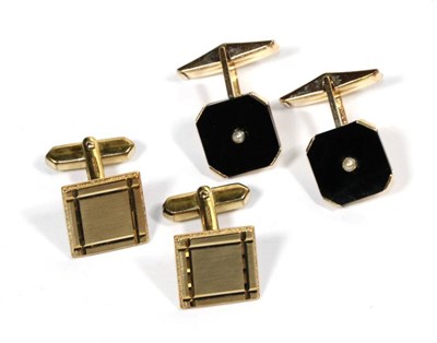 Lot 315 - A pair of 9 carat gold onyx and cultured pearl cufflinks; together with another pair of 9 carat...