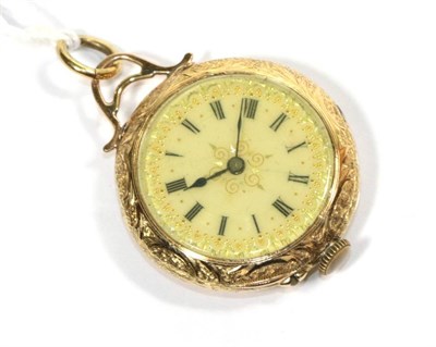 Lot 320 - A late 19th century 18 carat gold pendant fob watch, case engraved with cherubs