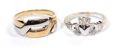 Lot 325 - A 9 carat two colour gold entwined ring, finger size R; and a 9 carat white gold claddagh ring,...