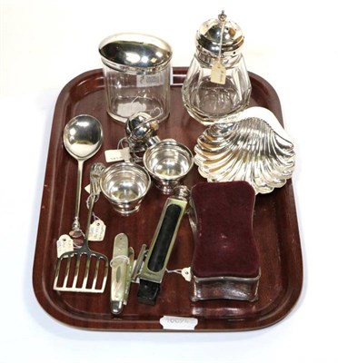 Lot 332 - A group of silver items including an unusual sealing wax holder, London 1909; an Edwardian pin...