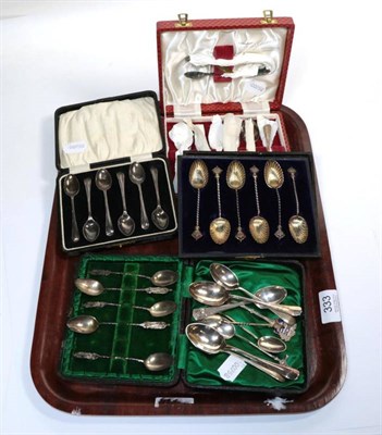 Lot 333 - Three cased sets of silver tea/coffee spoons; a further part set; and a quantity of further...