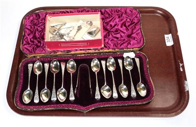 Lot 334 - A cased set of twelve Victorian silver teaspoons and tongs, together with various silver, white...