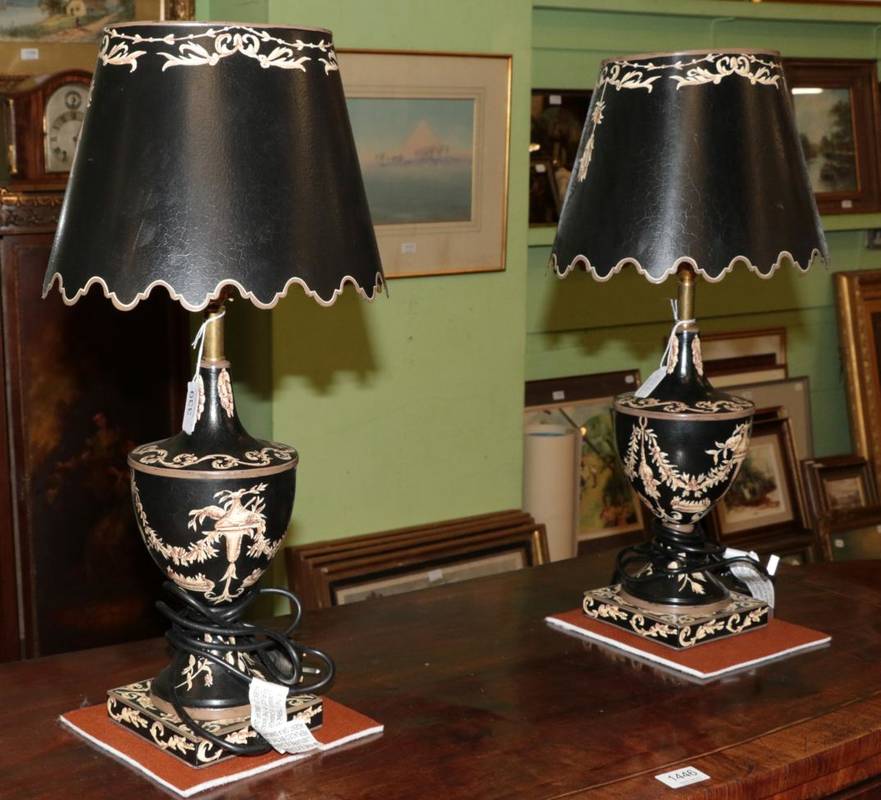 Lot 339 - A pair of modern black and cream painted metal table lamps