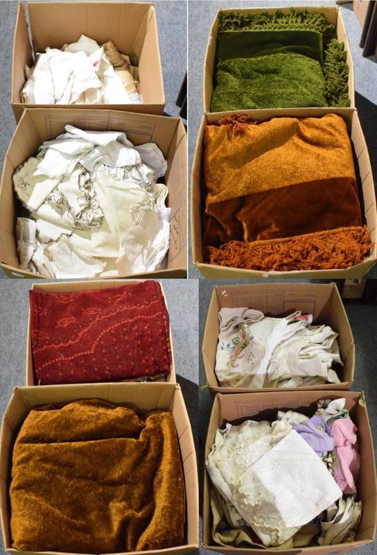 Lot 1028 - Eight large boxes of assorted white linen, textiles, chenille cloths, woven cloths, bed covers etc