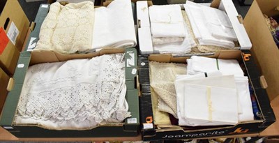 Lot 1039 - Four boxes of assorted decorative white linen and textiles, Marcella and other bed covers,...