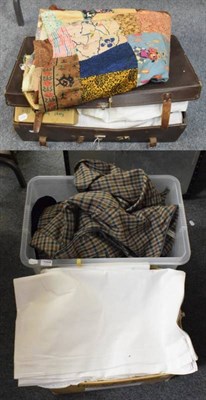Lot 1054 - Assorted handbags, hats, pink jacket,  Armstrong Collins Sharp checked suit, white linen, bed...