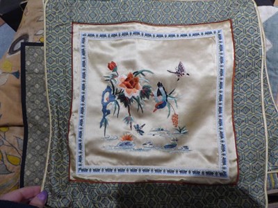 Lot 1069 - Framed Chinese embroideries, woven Eastern cloth wall hanging, pair of Chinese embroidered...