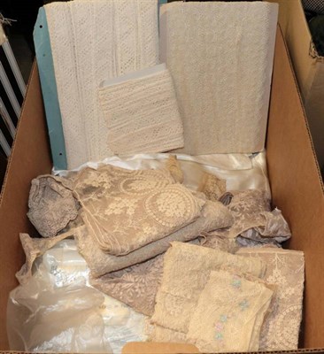 Lot 1076 - Needlework sample college album, Maltese lace trims, collars, machine lace trims, some with...